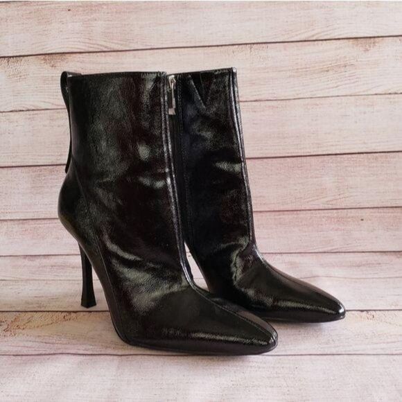 ZARA Trafaluc Black Crackled Patent Zipper Ankle Boots Pointy Toe Stiletto Vegan - Picture 1 of 14
